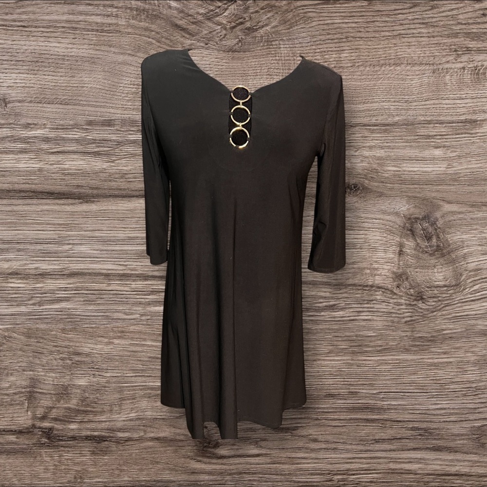 MSK Petite Black Scoop Neck Mini Dress 3/4 Sleeve Gold Loops Size Petite Medium